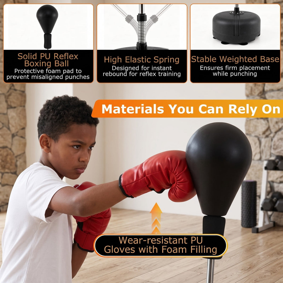 Airfind Height Adjustable Punching Bag with Stand for Teens and Adults, Freestanding Reflex Boxing Bag with Weighted Fillable Base, Gloves and Spring Ball for, Black
