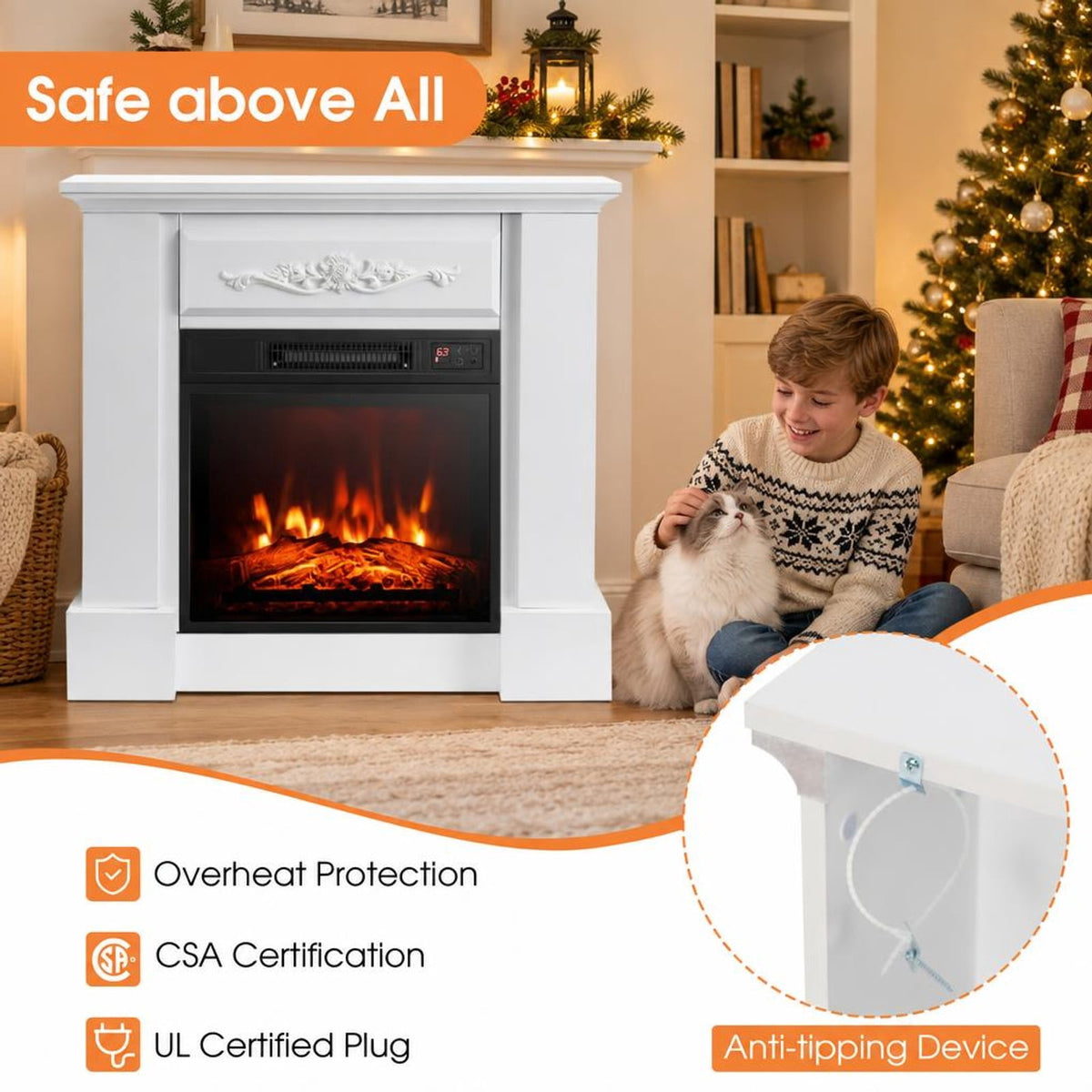 Airfind 1400W TV Stand Electric Fireplace Mantel with Remote Control, 22 lbs Capacity, MDF PB Steel plastic tempered glass Frame, White