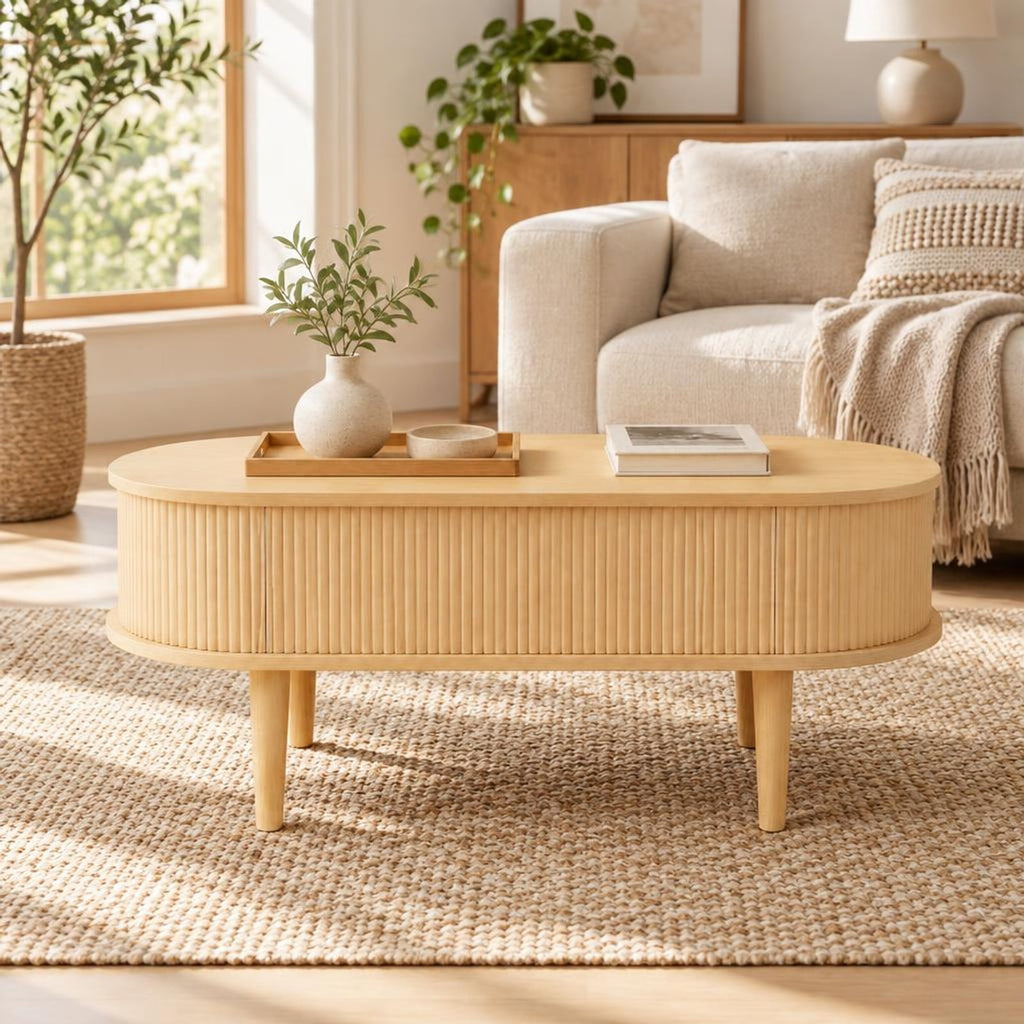 Airfind 43.5 Inch Oval Lift Top Coffee Table with Storage and Fluted Design for Living Room, 200 lbs Capacity, Engineered Wood Solid Wood Frame, Natural