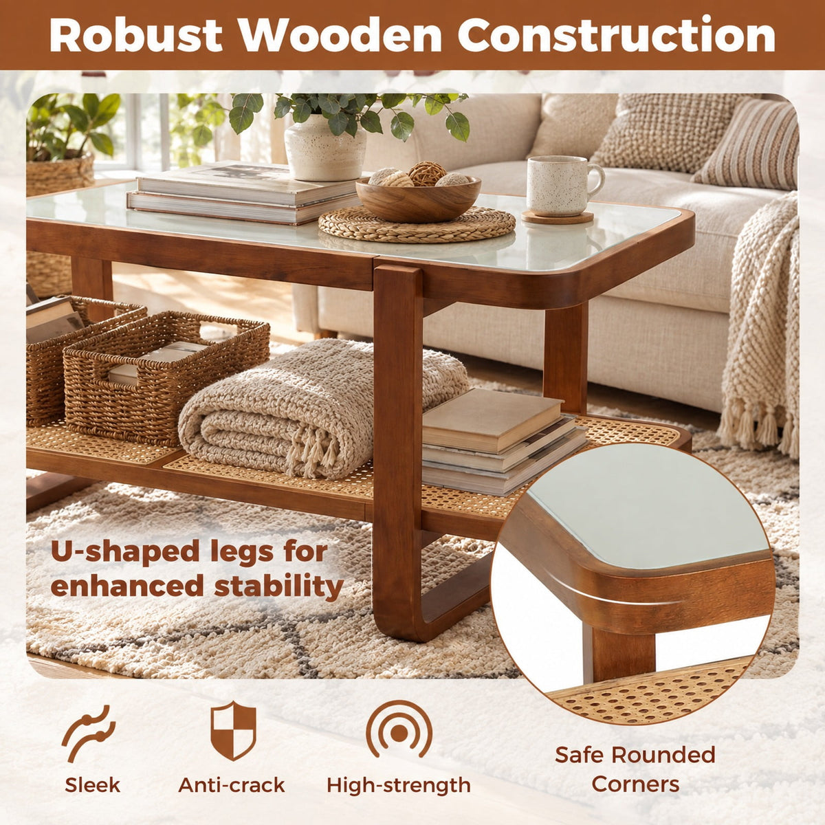 Airfind Coffee Table, Rattan Table with Tempered Glass Top and Storage Shelf, 220 lbs Capacity, Tempered Glass PE Rattan Plywood Frame, Walnut