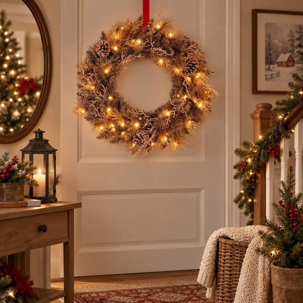 Airfind 24 Inch Pre-lit Christmas Wreath with 105 Branch Tips and 35 Warm White LED Lights-1 piece, PVC PE Metal Frame, 24 x 24 Footprint, White