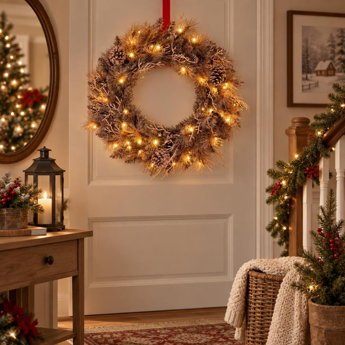 Airfind 24 Inch Pre-lit Christmas Wreath with 105 Branch Tips and 35 Warm White LED Lights-1 piece, PVC PE Metal Frame, 24 x 24 Footprint, White
