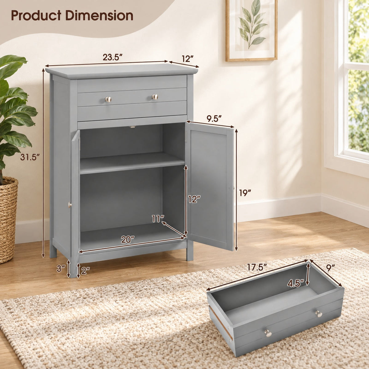 Airfind Wooden Bathroom Floor Cabinet with Drawer and Adjustable Shelf, 110 lbs Capacity, MDF Frame, 23.5in x 12in x 31.5in Footprint, Grey