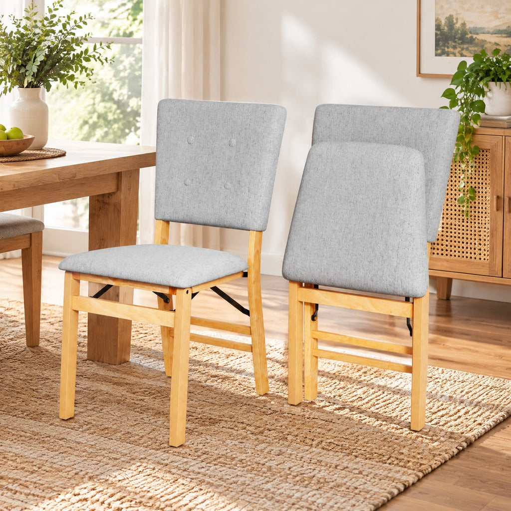 Airfind Foldable Dining Chair Set of 2 Armless Kitchen Chair with Padded Seat and Tilt Backrest, Rubber Wood MDF Sponge Linen Fabric Frame, Gray