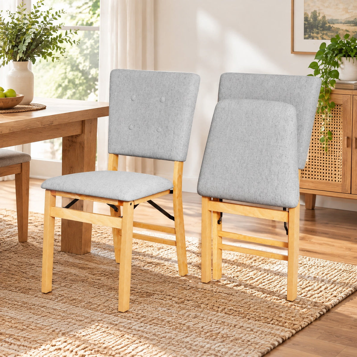 Airfind Foldable Dining Chair Set of 2 Armless Kitchen Chair with Padded Seat and Tilt Backrest, Rubber Wood MDF Sponge Linen Fabric Frame, Gray