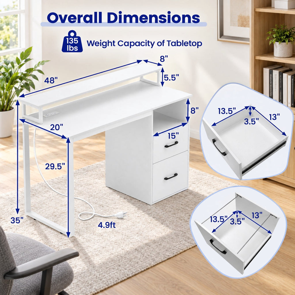 Airfind Modern Computer Desk with Power Outlets and File Drawer, 135 lbs Capacity, Engineered Wood Metal Frame, 48 Inch x 20 Inch x 35 Inch Footprint, White