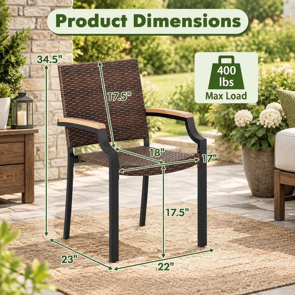 Airfind Stacking Wicker Chairs Set of 2 Patio Rattan Dining Chairs with Acacia Wood Armrests, 400 lbs Capacity, Metal PE Rattan Frame, Wood