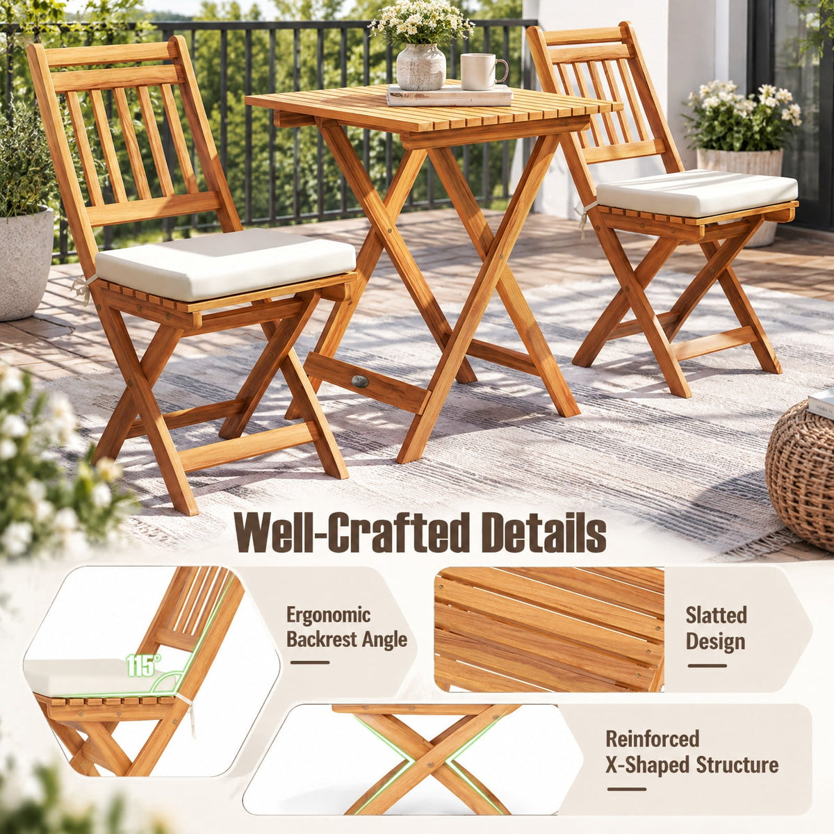 Airfind Outdoor Wood Bistro Set with Soft Seat Cushions and Table, Chair 400 lbs Capacity, Acacia Wood Polyester Sponge Frame, White