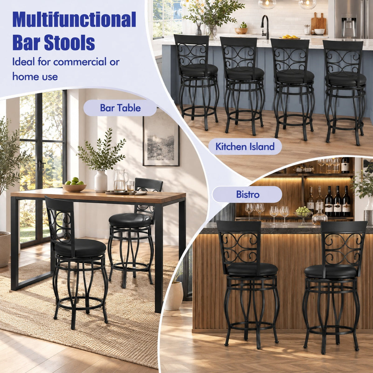 Airfind Set of 2 26 Inch Bar Stool with Backrest and Footrest, 300 Lbs Capacity, Metal PU Sponge, 19 Inch X 16.5 Inch X 45 Inch, Black