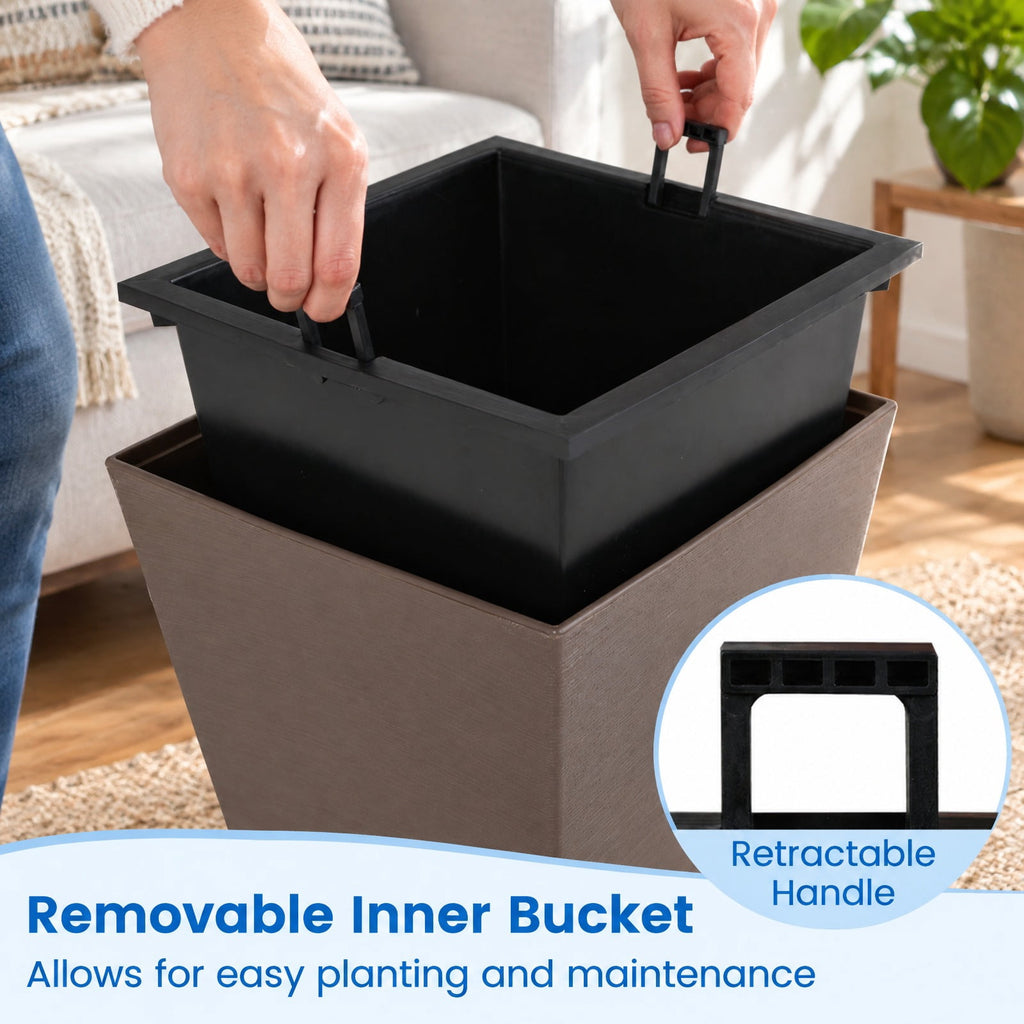 Airfind Set of 2 Square Taper Planter with Removable Inner Bucket and Optional Drainage Hole, PP Frame, 11.5 x 11.5 x 22.5 Footprint, Brown