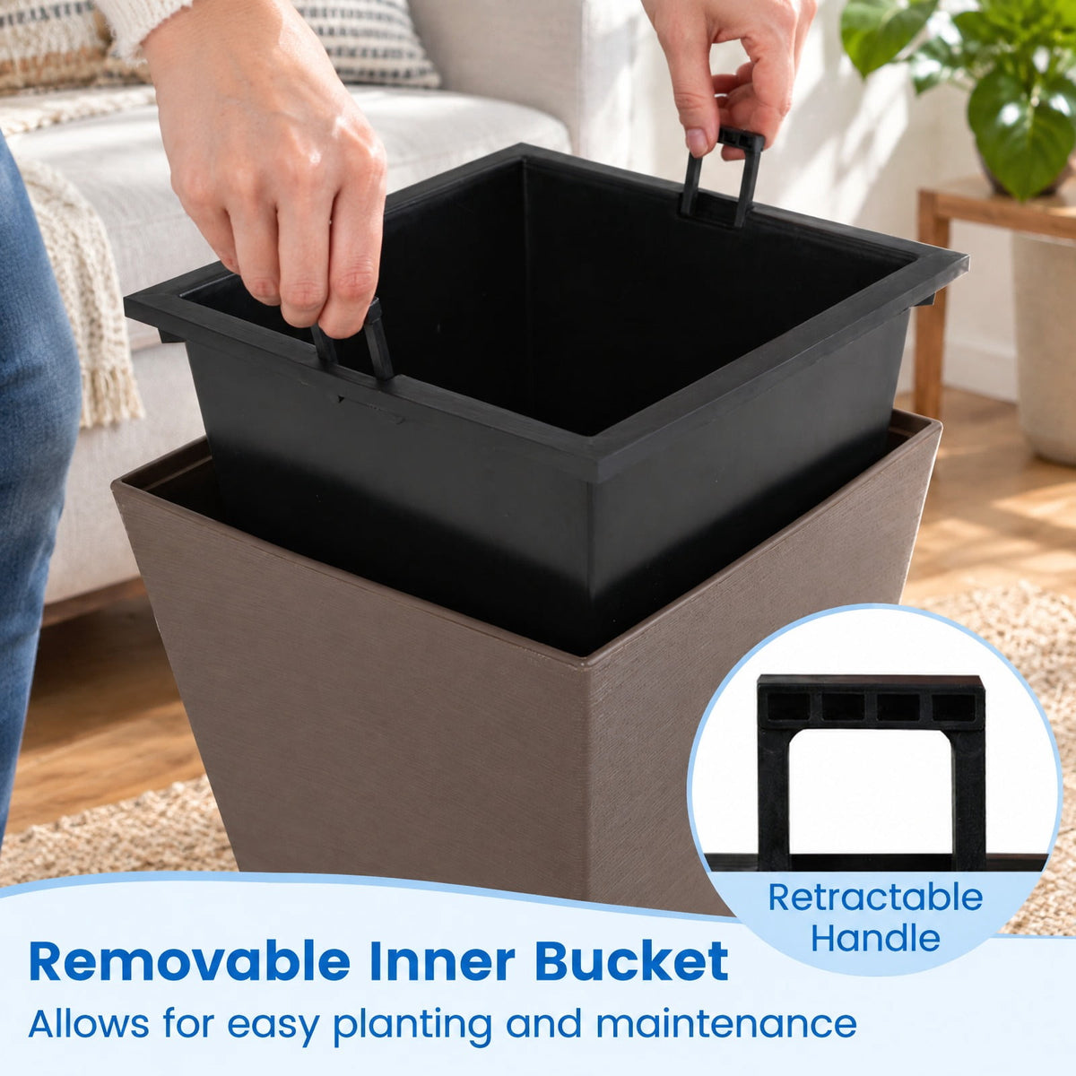Airfind Set of 2 Square Taper Planter with Removable Inner Bucket and Optional Drainage Hole, PP Frame, 11.5 x 11.5 x 22.5 Footprint, Brown