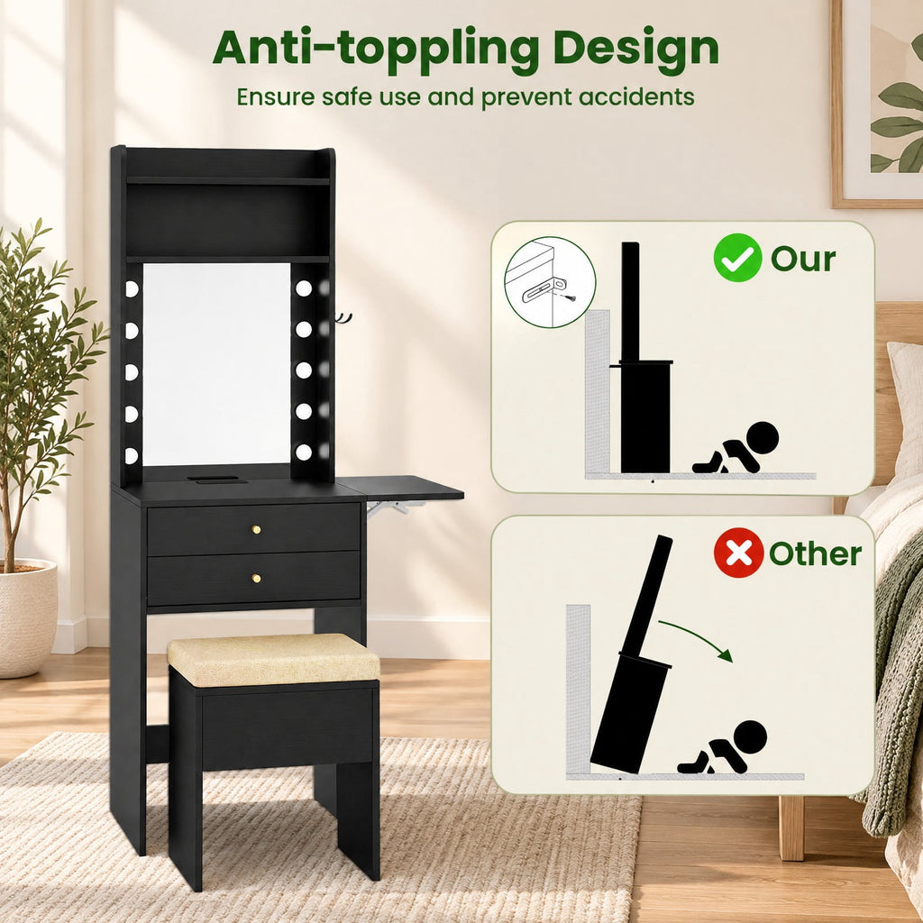 Airfind Compact Vanity Desk Set with 3-Color Lighted Mirror and Power Outlets, 50 kg Capacity, MDF Engineered Wood Glass Sponge Frame, Black