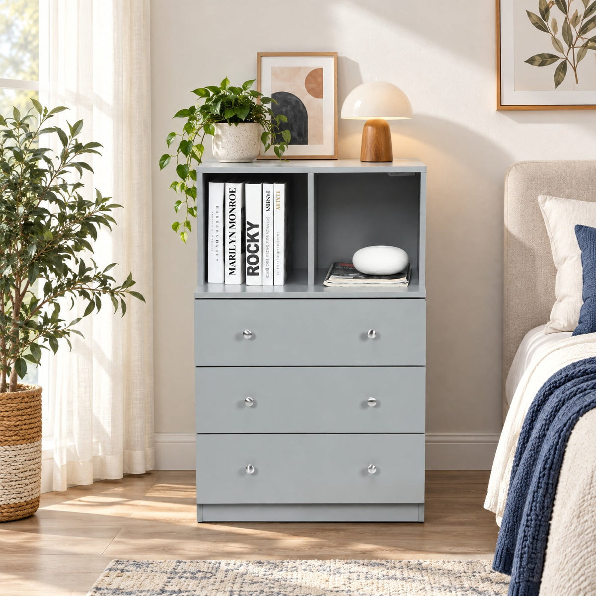 Airfind 3 Drawer Dresser with Cubbies Storage Chest for Bedroom Living Room, Engineered wood metal Frame, 24in x 16in x 37in Footprint, Gray