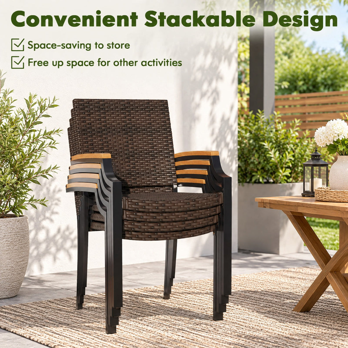 Airfind Stacking Wicker Chairs Set of 2 Patio Rattan Dining Chairs with Acacia Wood Armrests, 400 lbs Capacity, Metal PE Rattan Frame, Wood