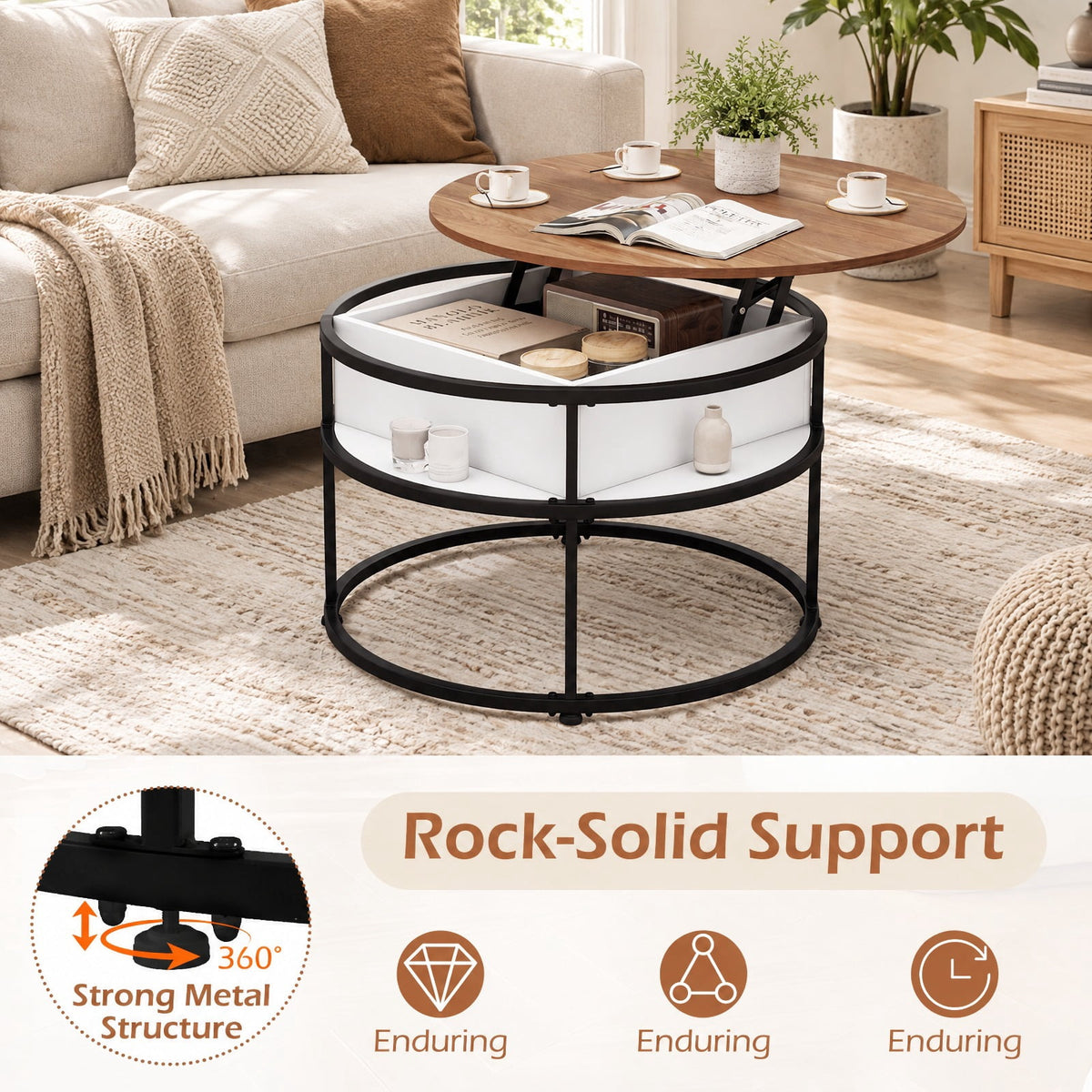 Airfind 31.5 Inch Round Lift Top Coffee Table with Hidden Compartment and Side Shelves, 110 lbs Capacity, Engineered Wood Metal Frame, Teak