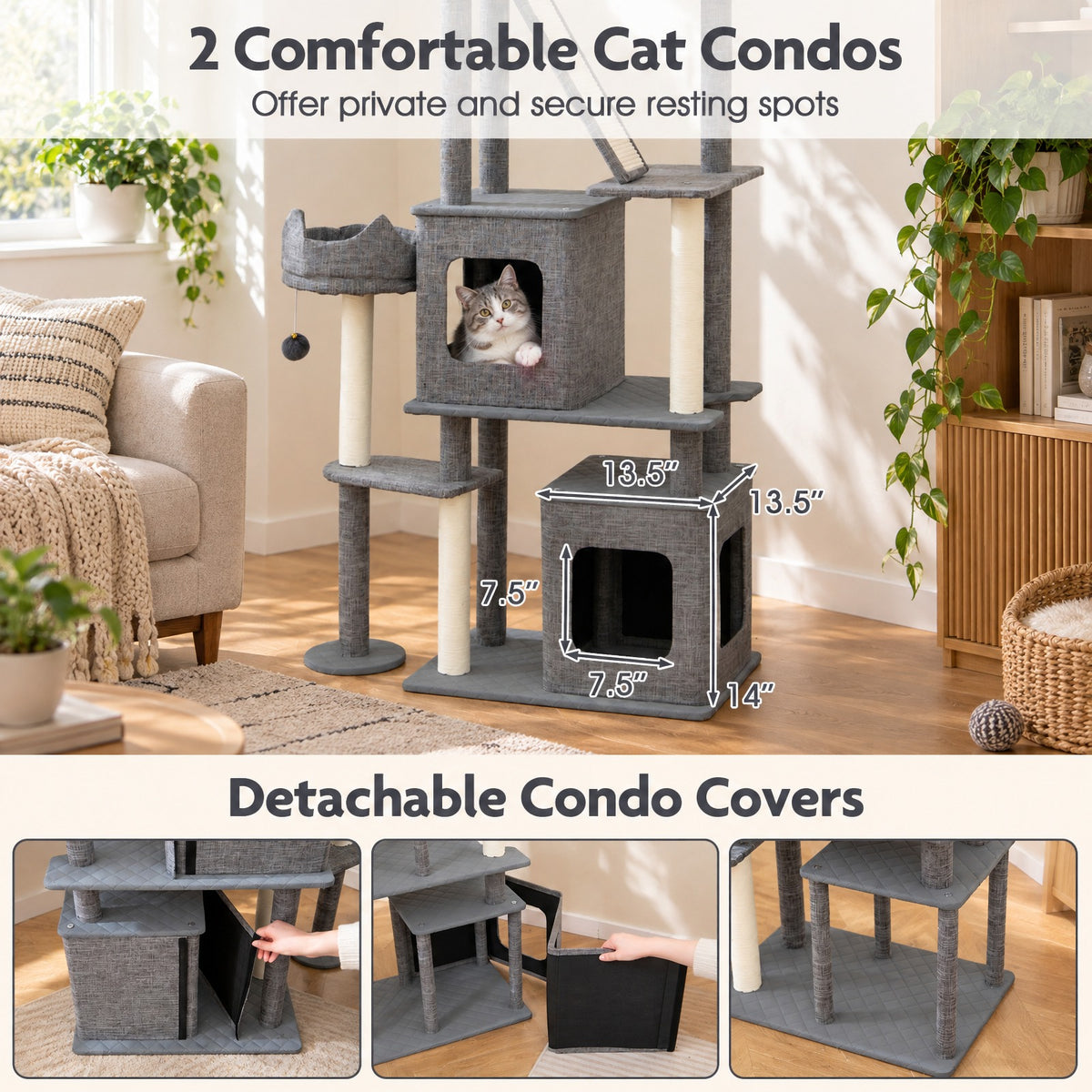 Airfind 71 Inch Tall Cat Tree Multi-Level Large Cat Tower with Scratching Posts, 33 lbs Capacity, 34in x 16in x 71in Condo Footprint, Grey