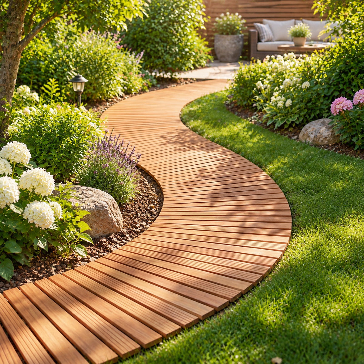 AIRFIND Wooden Garden Pathway with Curved Roll-Up Design, Textured Fir Wood Slats and Connected Wire Supports, 17 in Wide, Natural