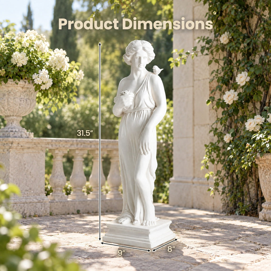 Airfind 31.5 Inch Outdoor Greek, Goddess Statue with Antique Finish and Column Base, Magnesium Oxide Fiber Filaments Frame, 9 Inch x 8 Inch x 31.5 Inch, White