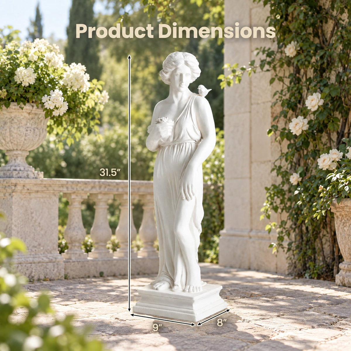 Airfind 31.5 Inch Outdoor Greek, Goddess Statue with Antique Finish and Column Base, Magnesium Oxide Fiber Filaments Frame, 9 Inch x 8 Inch x 31.5 Inch, White
