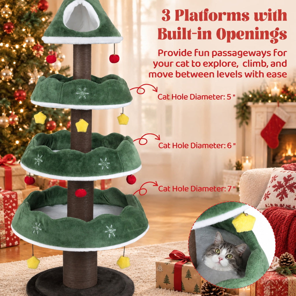 Airfind Multi-level Christmas Cat Tree with 3 Platforms and Upholstered Top Perch, 33 lbs Capacity, 27.5in x 70.5in Base Footprint, Multicolor