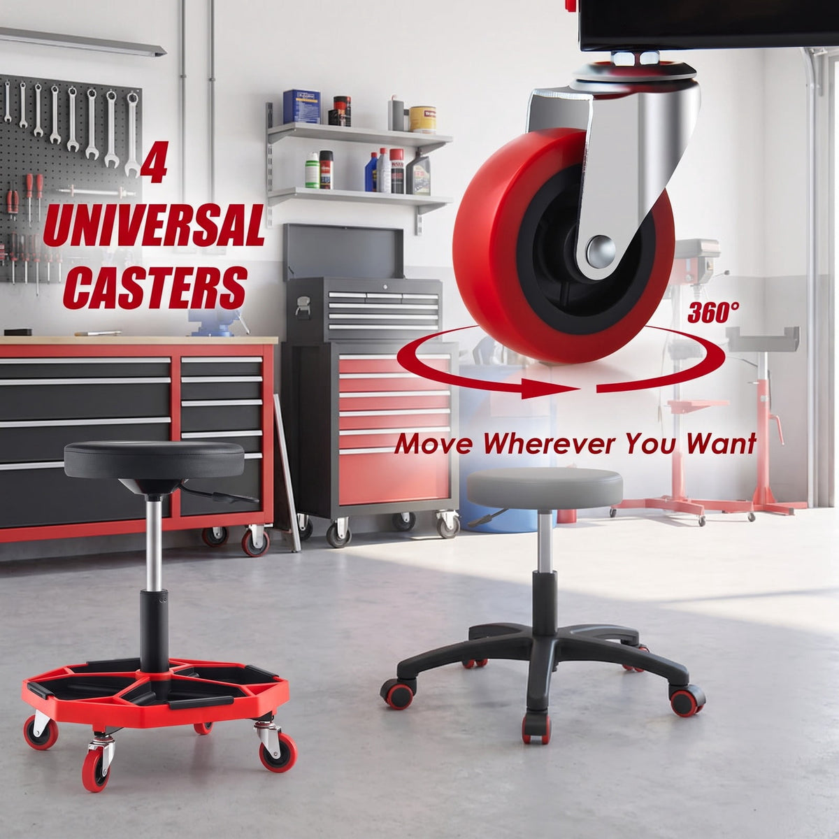 Airfind 330 LBS Capacity Pneumatic Rolling Mechanic Stool with Padded Seat, 20 x 20 x 16 inch Footprint, Red