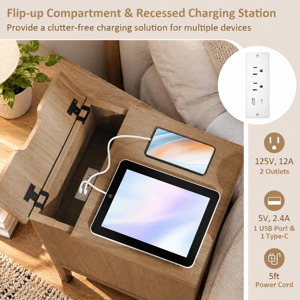 Airfind Flip Top End Table with Charging Station USB Ports Outlets and Drawer, 110 lbs Capacity, Engineered Wood MDF Frame, Natural