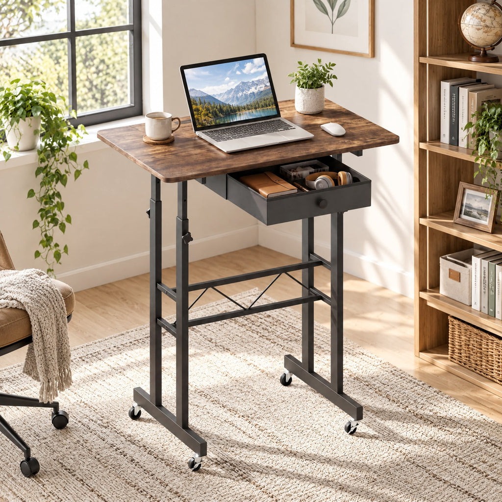Airfind Height Adjustable Laptop Desk with Fabric Drawer Tablet Holder and Lockable Wheels, 45 lbs Capacity, 31.5 x 20 x 29-45.5 Footprint