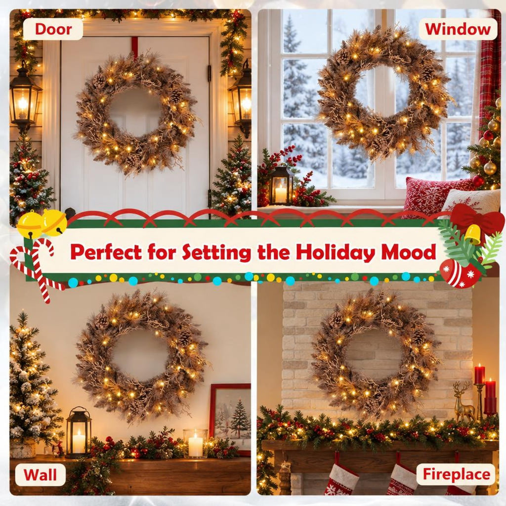 Airfind 24 Inch Pre-lit Christmas Wreath with 105 Branch Tips and 35 Warm White LED Lights-1 piece, PVC PE Metal Frame, 24 x 24 Footprint, White