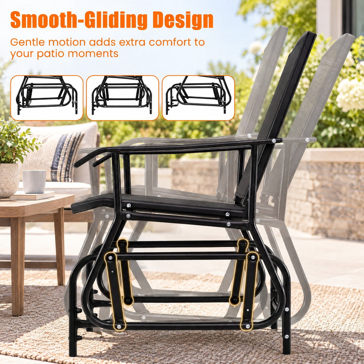 Airfind Outdoor Glider Chair with Metal Frame and Armrests, 330 lbs Capacity, Fabric Metal Frame, 24 x 29 x 37.5 Footprint, Black