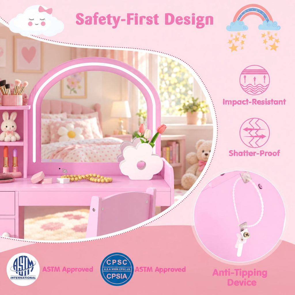 Airfind Kids Vanity Table and Chair Set with Shelves Drawer and Cabinet, P2 MDF Acrylic Frame, for Over 3 Years Old, 31.5 Inch x 16 Inch x 37 Inch Footprint
