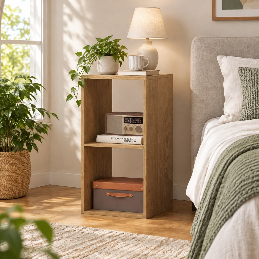 Airfind 2 Cube Bookshelf with Back Guardrail for Living Room Bedroom, Engineered Wood Frame, 14 Inch x 13 Inch x 27.5 Inch Depth of Bottom Shelf 12 Inch Footprint