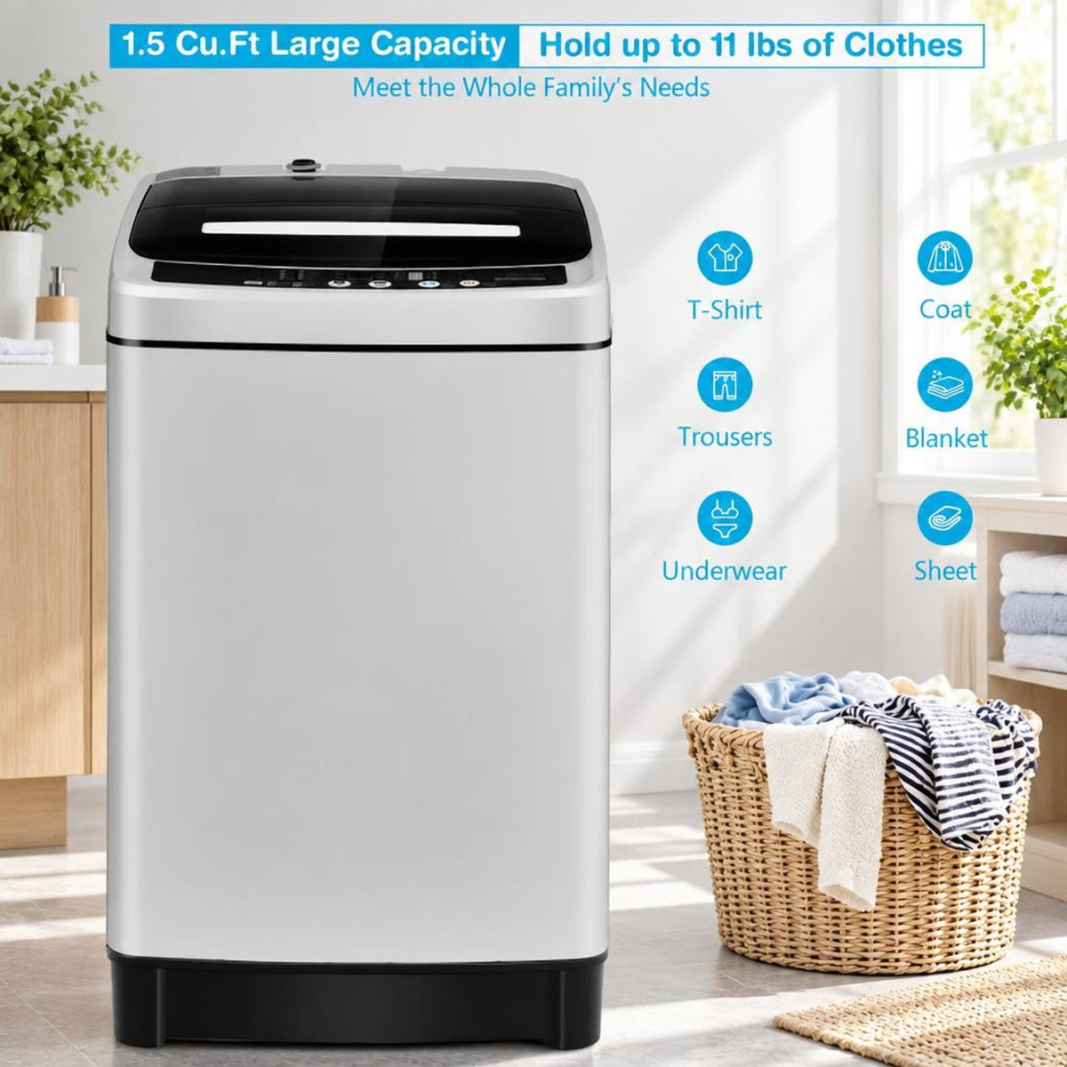 Airfind Full-Automatic Washing Machine 1.5 Cubic Feet 11 LBS Washer and Dryer, Stainless steel PP ABS Frame, 19 x 19 x 33.5 Footprint, Gray