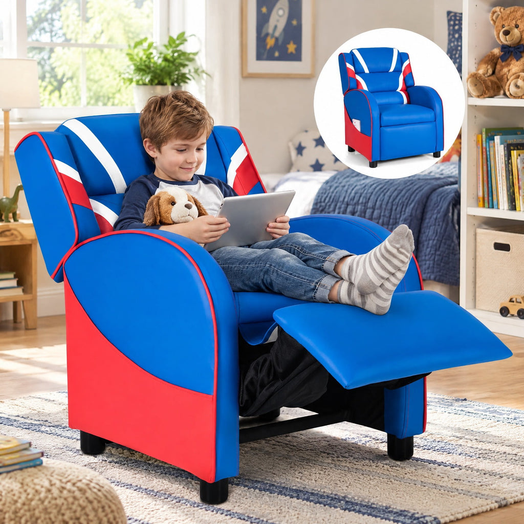 Airfind Kids Leather Recliner Chair with Side Pockets, Solid wood PU leather sponge plastic iron Frame, for 3-9 years old, Blue
