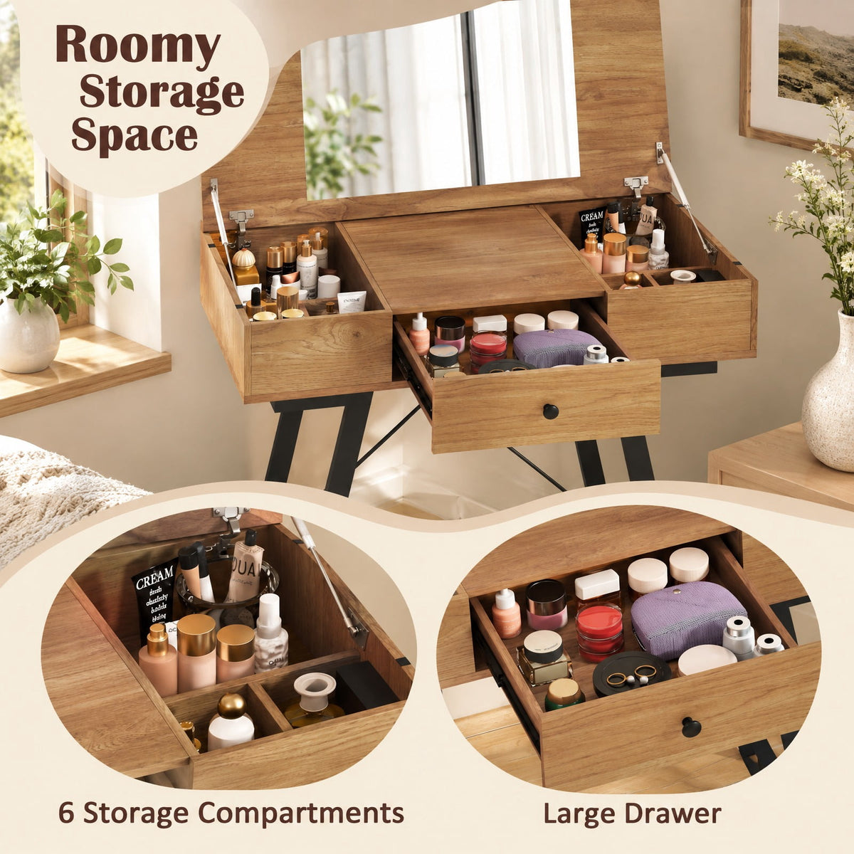 Airfind Vanity Desk with Flip Top Mirror Makeup Dressing Table, 88 lbs Capacity, Metal Engineered Wood Glass Frame, 38 x 18.5 x 31.5 Footprint