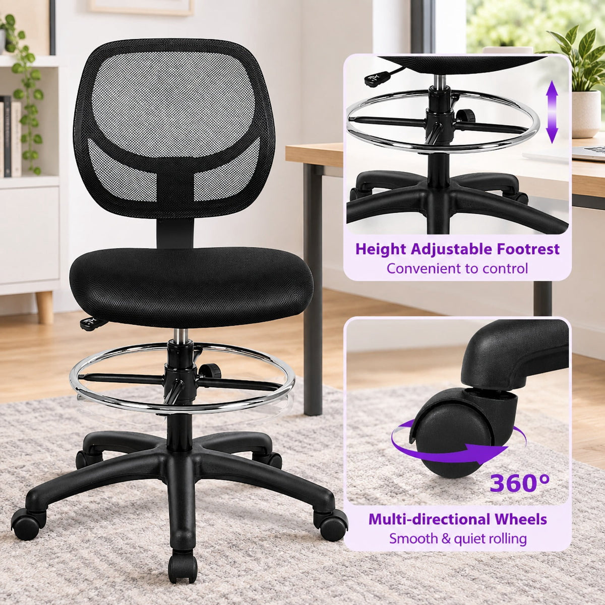 Airfind Adjustable Height Mid Back, Mesh Drafting Office Chair, 330 lbs Capacity, Mesh sponge plasticOverall Frame, BlackMain, Natural