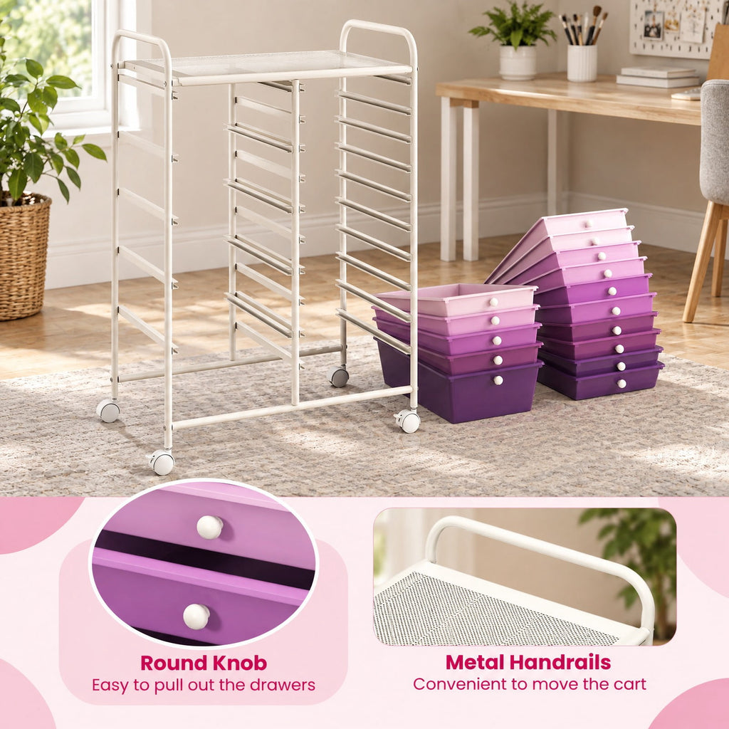 Airfind 15-Drawer Utility Rolling Organizer Cart Multi-Use Storage, Steel frame and plastic boxes Frame, 25 x 14.5 x 34.5 Footprint, Purple