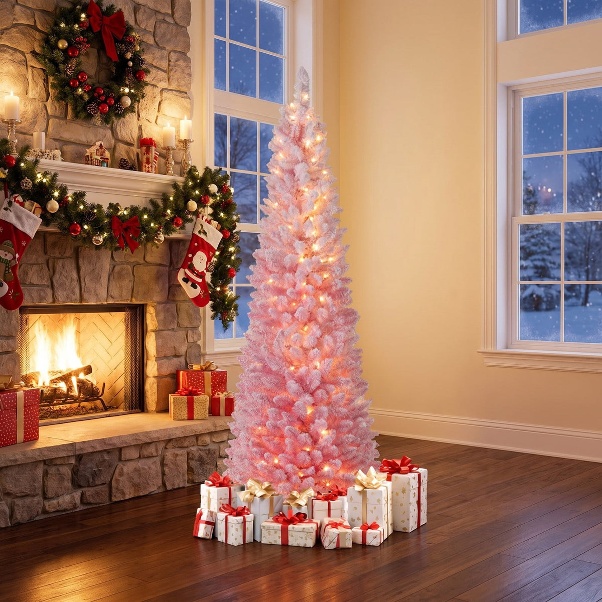 Airfind 6 FTSnow-flocked Artificial Pink Christmas Tree Pre, PVC Metal Tree Height 6 ft / 7 ft Tree Width 1.6 ft / 2 ft Frame, Pink