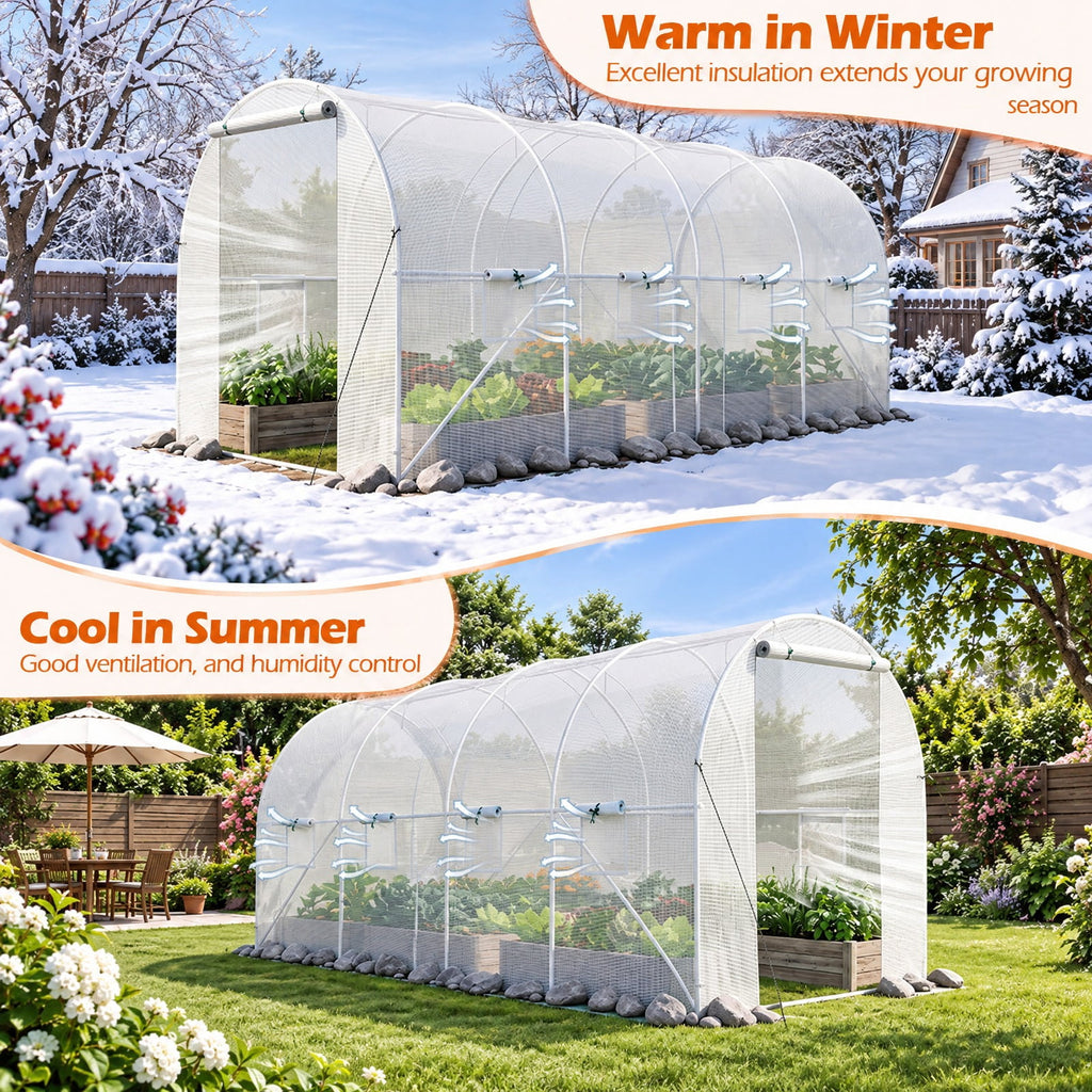 Airfind 15 x 7 x 7 ft Walk-in Tunnel Greenhouse with Watering System, Galvanized Steel Frame, 15 x 7 x 7 ft Footprint, White