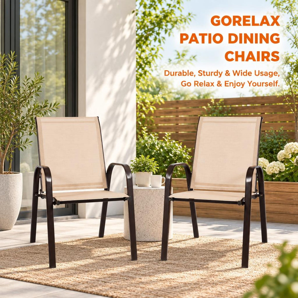 Airfind 2 Pcs Patio Chairs Outdoor Dining Chair with Armrest, 440 lbs Capacity, Steel fabric Frame, Beige