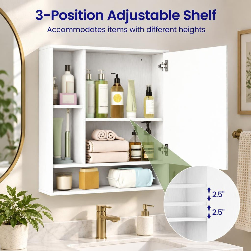 Airfind Wall Mounted Bathroom Cabinet with Mirror Single Door, 176 lbs Capacity, Glass MDF Engineered Wood Frame, 21.5 Inch x 6.5 Inch x 24 Inch Footprint