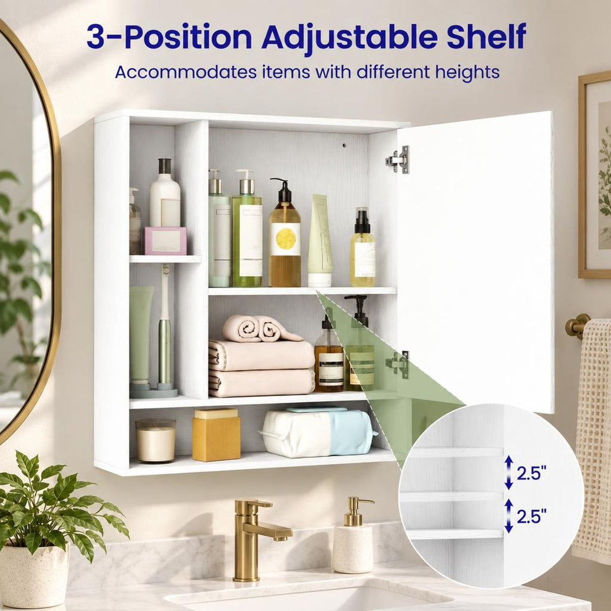 Airfind Wall Mounted Bathroom Cabinet with Mirror Single Door, 176 lbs Capacity, Glass MDF Engineered Wood Frame, 21.5 Inch x 6.5 Inch x 24 Inch Footprint