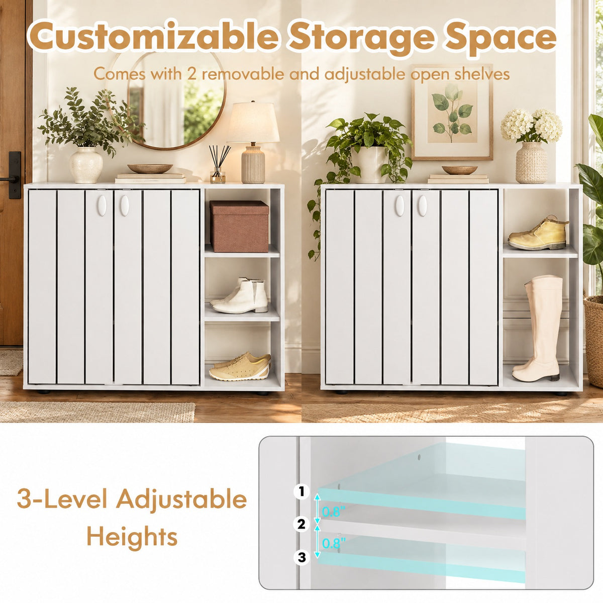 Airfind 3-Tier Shoe Cabinet with Doors with Adjustable Open Shelves for Entryway, 90 lbs Capacity, MDF Engineered Wood Frame, White