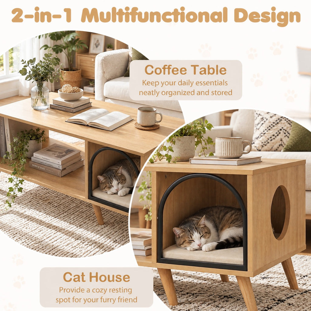 Airfind 40 Inch Coffee Table Cat House 2-in-1 Wooden Kitten Furniture with Open Storage Shelf, 88 lbs Capacity, 40 x 20 x 18 Footprint, Natural