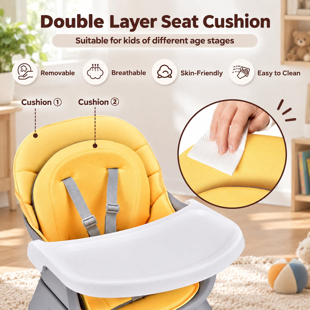 Airfind 6-in-1 Convertible Youth High Chair featuring Adjustable Removable Tray, 55 lbs Capacity, PP PU Fabric Frame, for 6-36 Months, Yellow