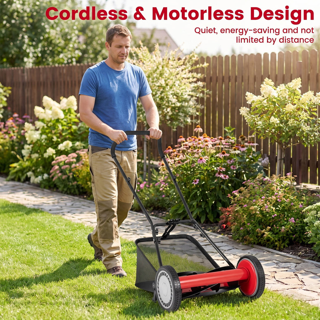 Airfind 16 Inch Push Lawn Mower with 5 Steel Blades and Grass Catcher Bag, Manganese Steel Metal PVC PP Frame, Red