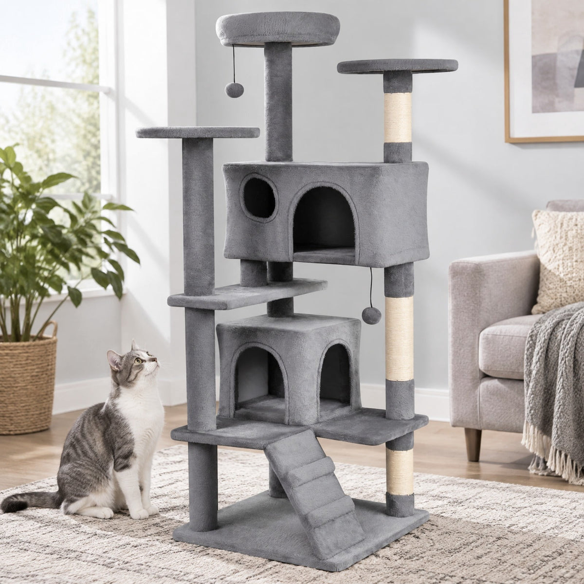 Airfind 52 Inch Tall Cat Tree Tower for Indoor Cats, 22 lbs Capacity, Engineered Wood Sponge Plush Fabric Sisal Frame, Light Gray