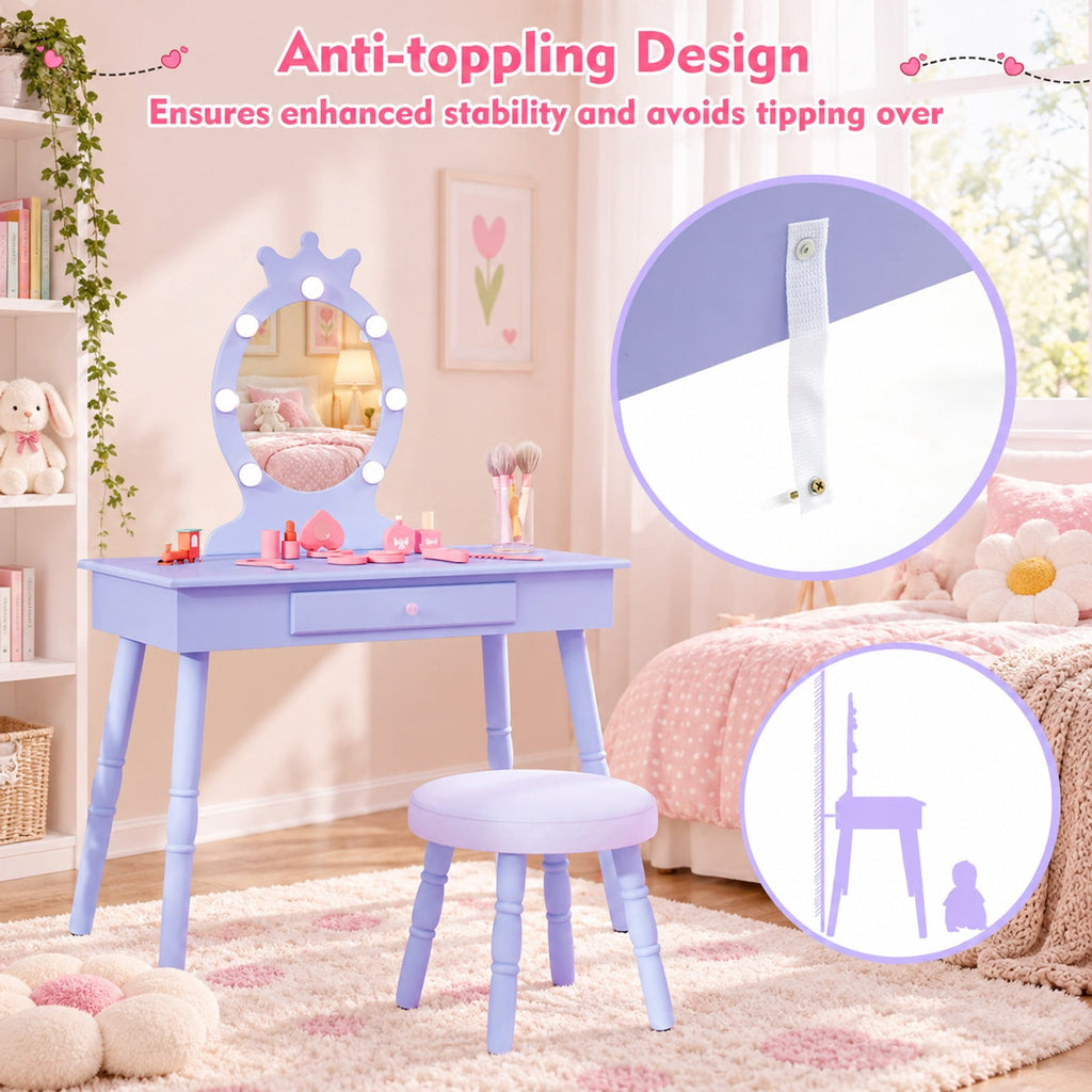 Airfind Kids Vanity Set with Lighted Mirror with Adjustable Brightness and Large Drawer, 110 lbs Capacity, MDF Frame, for 3-7 Years Old, Purple