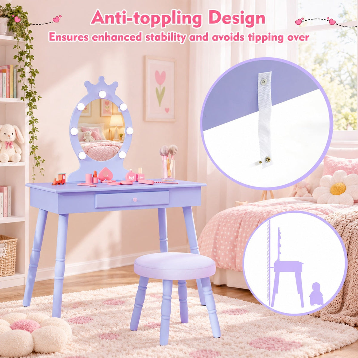 Airfind Kids Vanity Set with Lighted Mirror with Adjustable Brightness and Large Drawer, 110 lbs Capacity, MDF Frame, for 3-7 Years Old, Purple