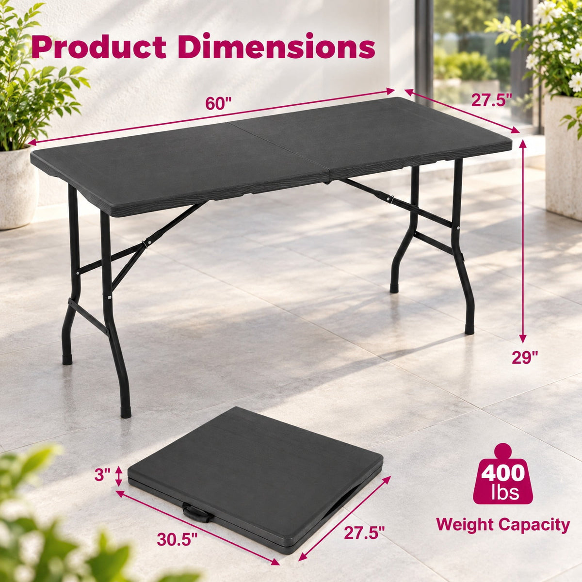 Airfind 5FT Folding Picnic Table with Wood Grain HDPE Tabletop and Non-slip Foot Pads, 400 lbs Capacity, HDPE Metal Frame, Black