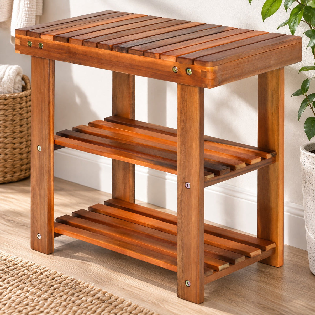 Airfind 3-Tier Wood Shoe Rack 19 Shoe Bench Boots Organizer, 180 lbs Capacity, Acacia wood Frame, 19 Inch x11 Inch x18 Inch Footprint, Wood